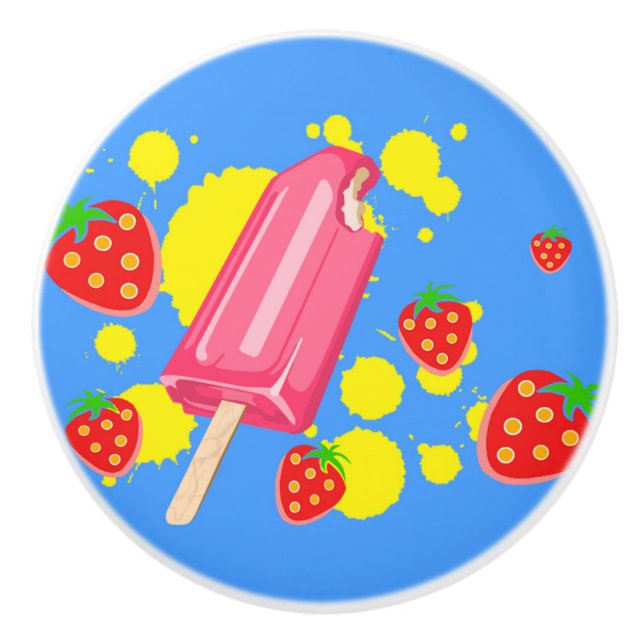 Fun Pink Popsicle and Strawberries Illustration Ceramic Knob (Front)