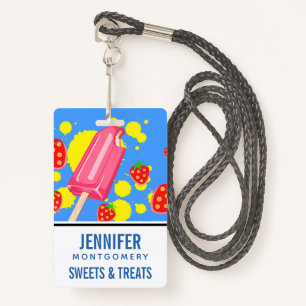 Fun Pink Popsicle and Strawberries Illustration ID Badge