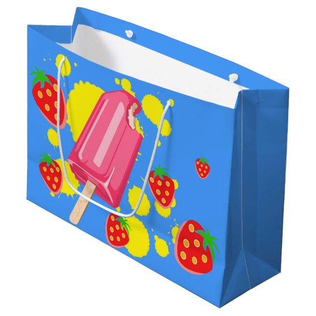 Fun Pink Popsicle and Strawberries Illustration Large Gift Bag (Front Angled)