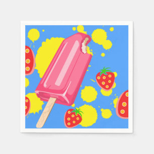 Fun Pink Popsicle and Strawberries Illustration Napkin