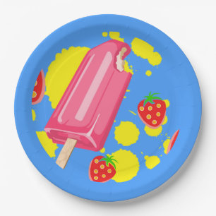 Fun Pink Popsicle and Strawberries Illustration Paper Plate