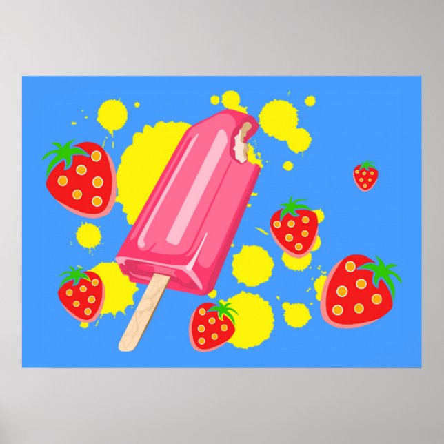 Fun Pink Popsicle and Strawberries Illustration Poster (Front)