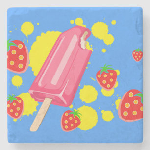 Fun Pink Popsicle and Strawberries Illustration Stone Coaster