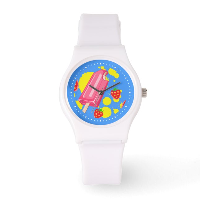Fun Pink Popsicle and Strawberries Illustration Watch (Front)