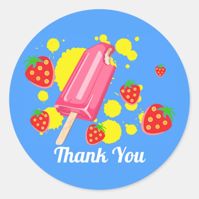 Fun Pink Popsicle and Strawberries Thank You Classic Round Sticker (Front)