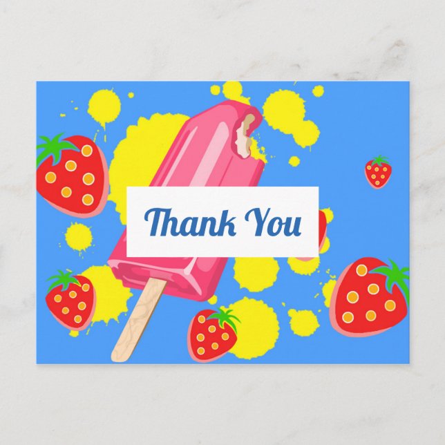 Fun Pink Popsicle and Strawberries Thank You Postcard (Front)