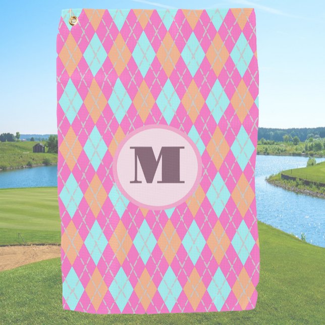 Fun pink preppy argyle custom monogram ladies golf towel (Creator Uploaded)