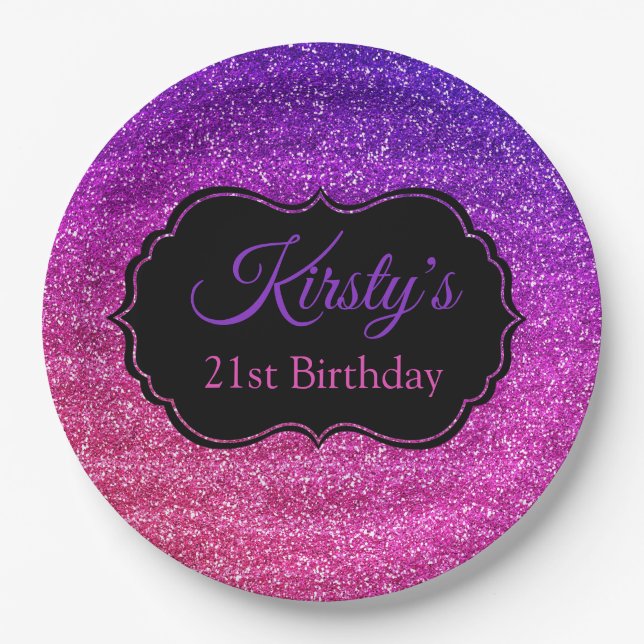 Fun Pink Purple Glitter Sparkle Birthday Paper Plate (Front)
