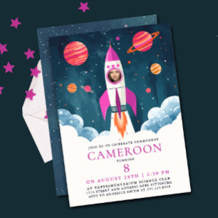 Fun Pink Rocket Astronaut Girl Space Mission Photo Invitation