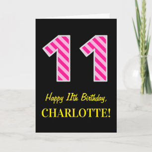 Fun Pink Striped "11"; Happy 11th Birthday; Name Card