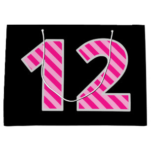 Fun Pink Striped "12"; Happy 12th Birthday; Name Large Gift Bag