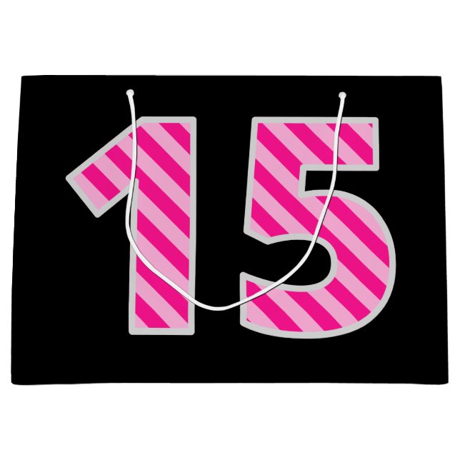Fun Pink Striped "15"; Happy 15th Birthday; Name Large Gift Bag (Front)
