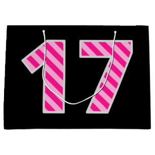 Fun Pink Striped "17"; Happy 17th Birthday; Name Large Gift Bag