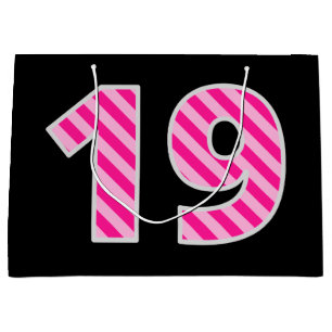Fun Pink Striped "19"; Happy 19th Birthday; Name Large Gift Bag