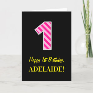 Fun Pink Striped "1"; Happy 1st Birthday; Name Card