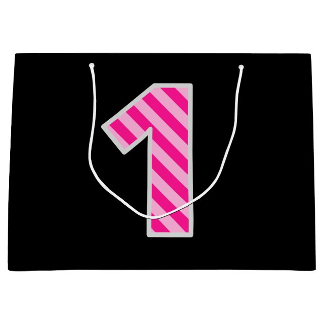 Fun Pink Striped "1"; Happy 1st Birthday; Name Large Gift Bag (Front)