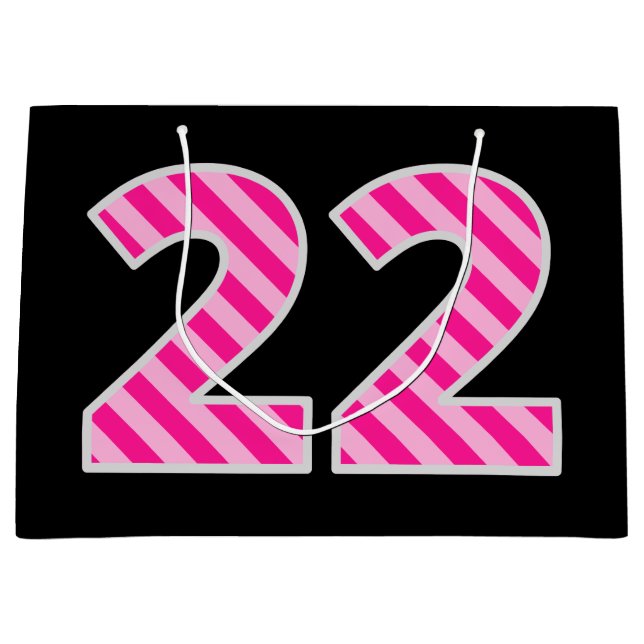 Fun Pink Striped "22"; Happy 22nd Birthday; Name Large Gift Bag (Front)