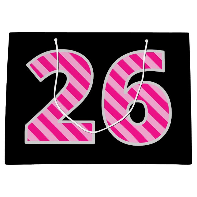 Fun Pink Striped "26"; Happy 26th Birthday; Name Large Gift Bag (Front)