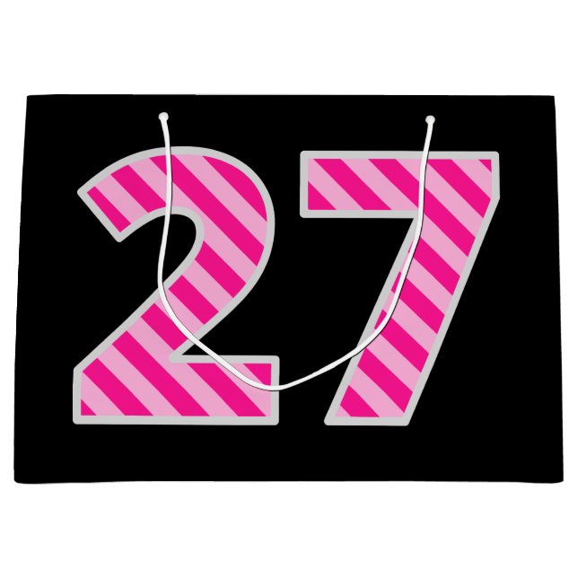 Fun Pink Striped "27"; Happy 27th Birthday; Name Large Gift Bag (Front)