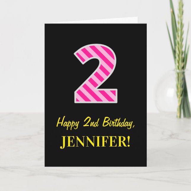 Fun Pink Striped "2"; Happy 2nd Birthday; Name Card (Front)