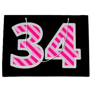 Fun Pink Striped "34"; Happy 34th Birthday; Name Large Gift Bag