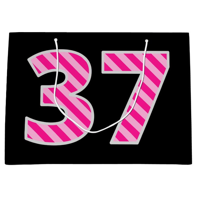 Fun Pink Striped "37"; Happy 37th Birthday; Name Large Gift Bag (Front)