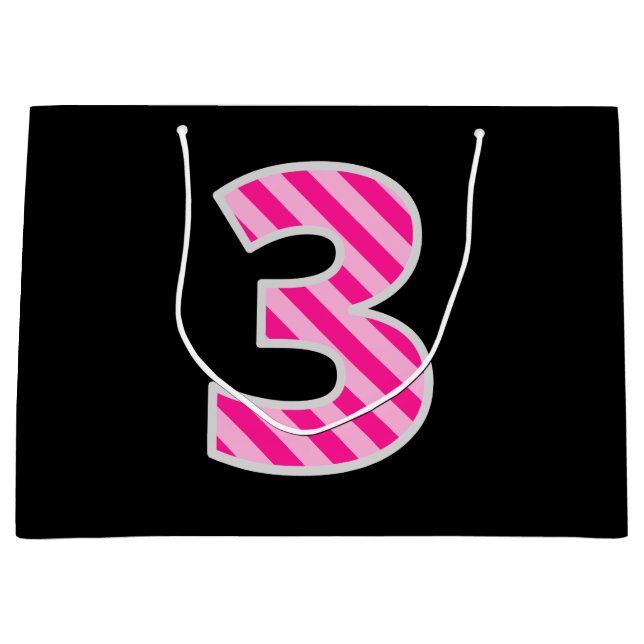 Fun Pink Striped "3"; Happy 3rd Birthday; Name Large Gift Bag (Front)