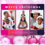 Fun Pink Striped 3 Photo Collage Merry Christmas<br><div class="desc">Send a bright festive flourish to your friends and family with this colourful Christmas card. On a bold striped background in pink and purple shades, the card displays three of your favourite photos. At the top, the greeting 'Merry Christmas' is in lower case typography with a cool retro appearance. Customise...</div>