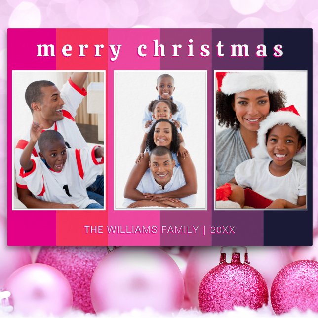 Fun Pink Striped 3 Photo Collage Merry Christmas (A festive pink and purple Christmas card to personalize with 3 photos, your name(s) and the year)