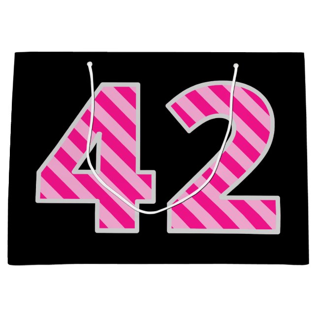 Fun Pink Striped "42"; Happy 42nd Birthday; Name Large Gift Bag (Front)