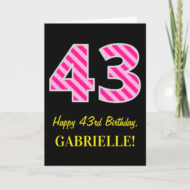 Fun Pink Striped "43"; Happy 43rd Birthday; Name Card (Front)