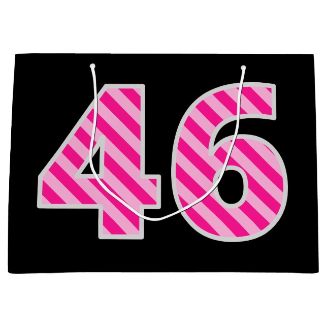 Fun Pink Striped "46"; Happy 46th Birthday; Name Large Gift Bag (Front)