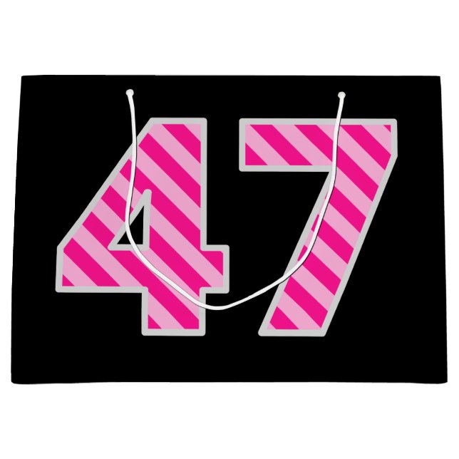 Fun Pink Striped "47"; Happy 47th Birthday; Name Large Gift Bag (Front)