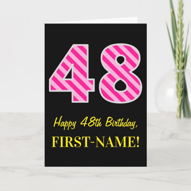 Fun Pink Striped "48"; Happy 48th Birthday; Name Card (Front)