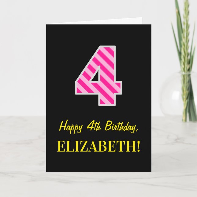 Fun Pink Striped "4"; Happy 4th Birthday; Name Card (Front)