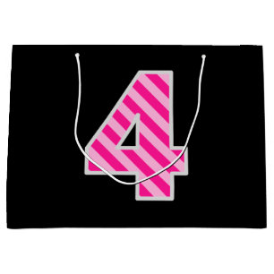 Fun Pink Striped "4"; Happy 4th Birthday; Name Large Gift Bag