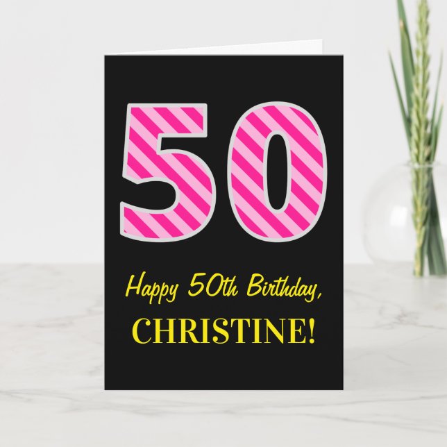 Fun Pink Striped "50"; Happy 50th Birthday; Name Card (Front)