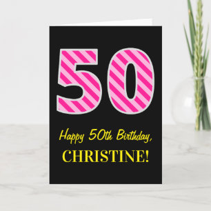 Fun Pink Striped "50"; Happy 50th Birthday; Name Card
