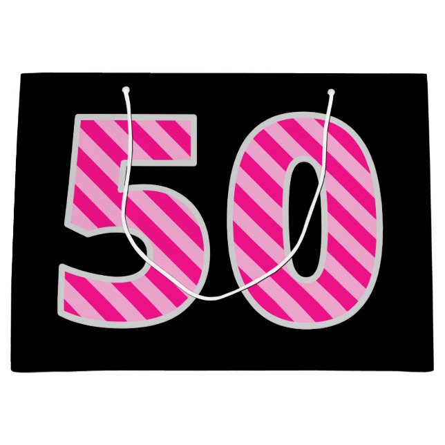 Fun Pink Striped "50"; Happy 50th Birthday; Name Large Gift Bag (Front)