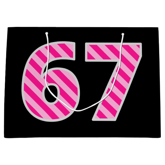 Fun Pink Striped "67"; Happy 67th Birthday; Name Large Gift Bag (Front)