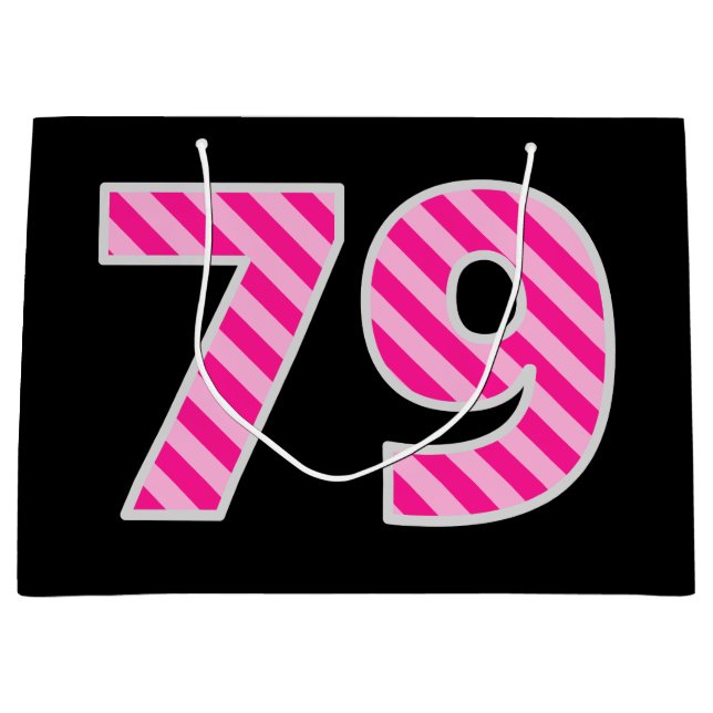 Fun Pink Striped "79"; Happy 79th Birthday; Name Large Gift Bag (Front)