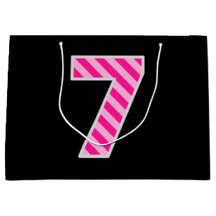 Fun Pink Striped "7"; Happy 7th Birthday; Name Large Gift Bag