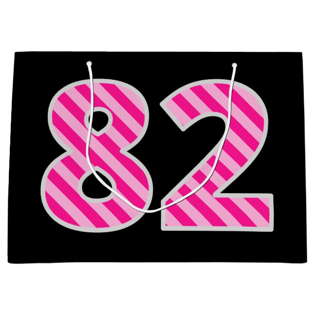 Fun Pink Striped "82"; Happy 82nd Birthday; Name Large Gift Bag (Front)
