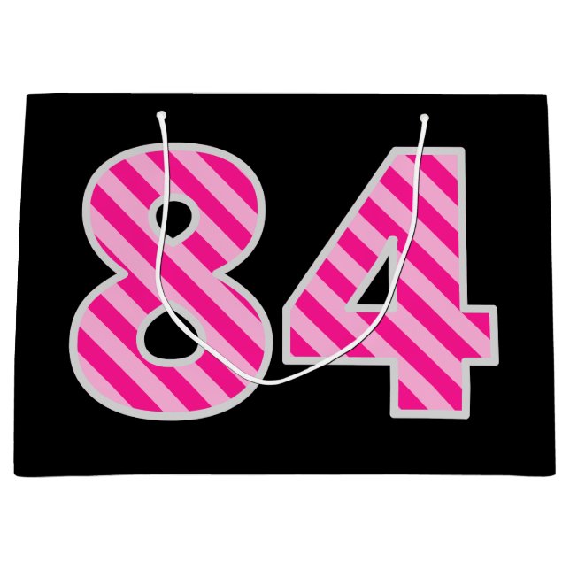 Fun Pink Striped "84"; Happy 84th Birthday; Name Large Gift Bag (Front)