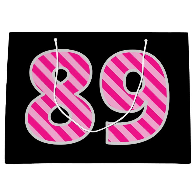 Fun Pink Striped "89"; Happy 89th Birthday; Name Large Gift Bag (Front)