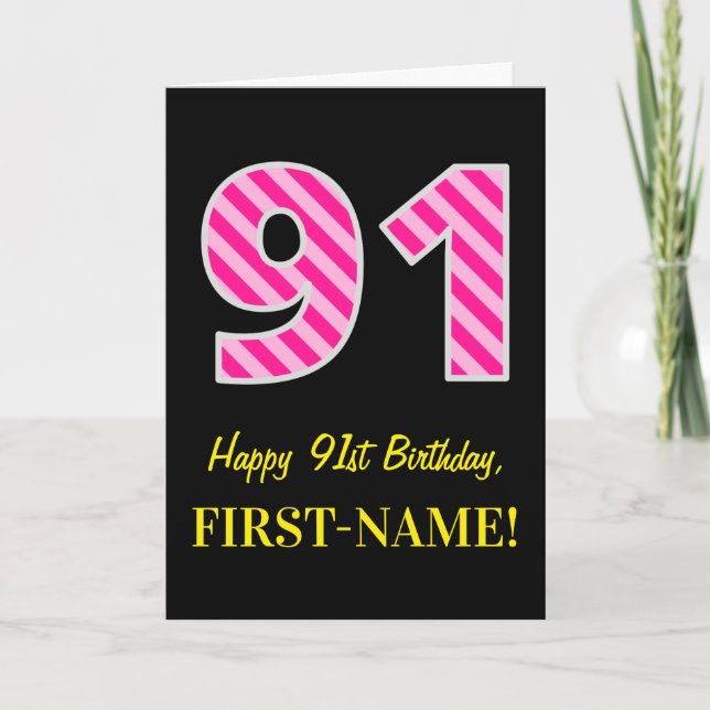 Fun Pink Striped "91"; Happy 91st Birthday; Name Card (Front)
