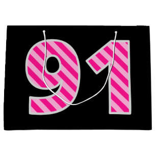 Fun Pink Striped "91"; Happy 91st Birthday; Name Large Gift Bag