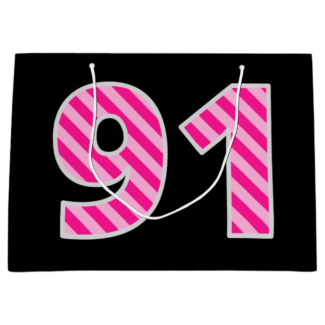 Fun Pink Striped "91"; Happy 91st Birthday; Name Large Gift Bag (Front)