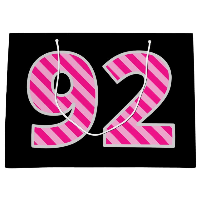 Fun Pink Striped "92"; Happy 92nd Birthday; Name Large Gift Bag (Front)