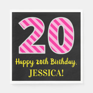 Fun Pink Stripes "20"; Happy 20th Birthday; Name Napkin